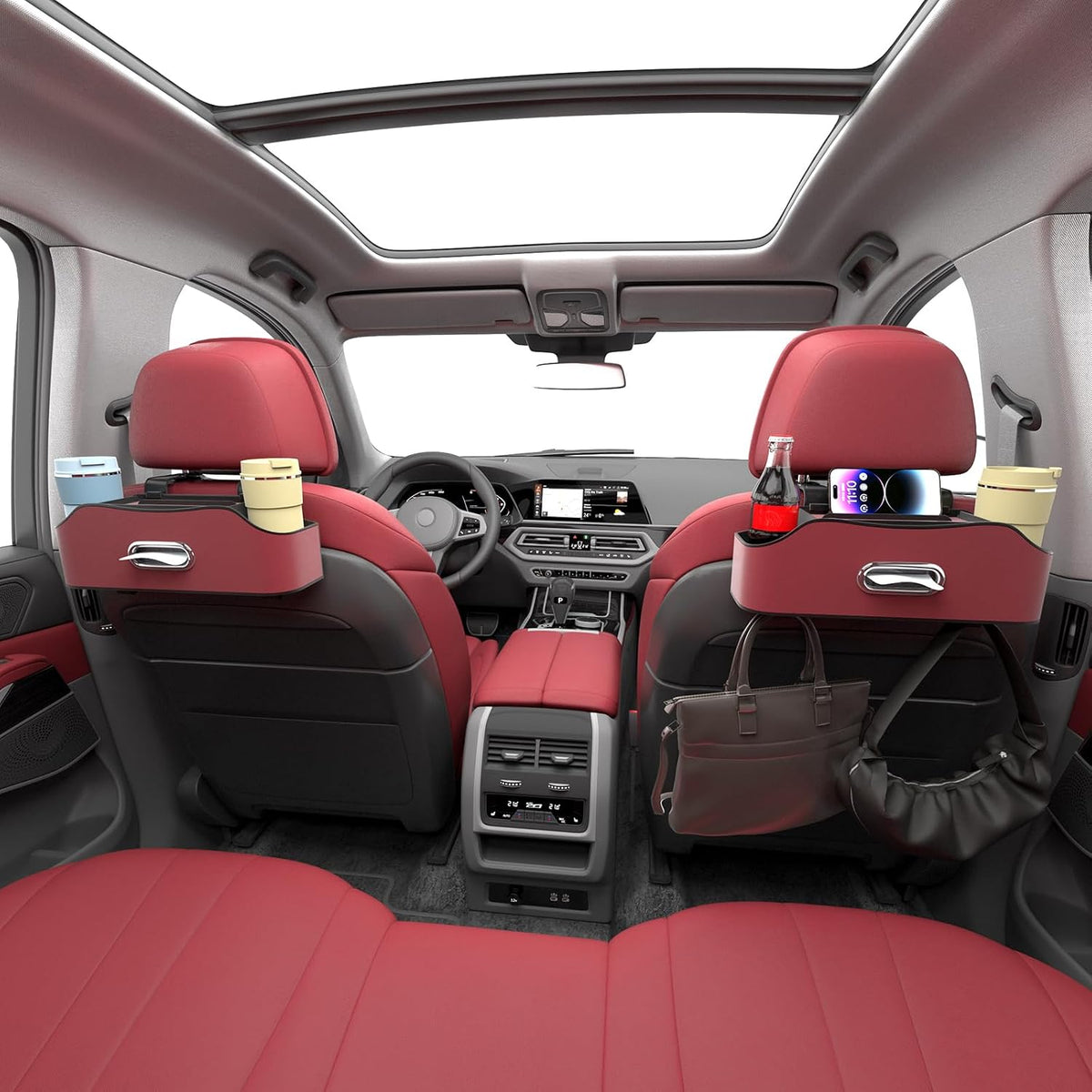 Back Seat Cup Holder for Car – Multifunctional Seat Back Organizer with Drink Holders, Tissue Box Storage & Hooks, Fits Headrest for Auto. (Red)