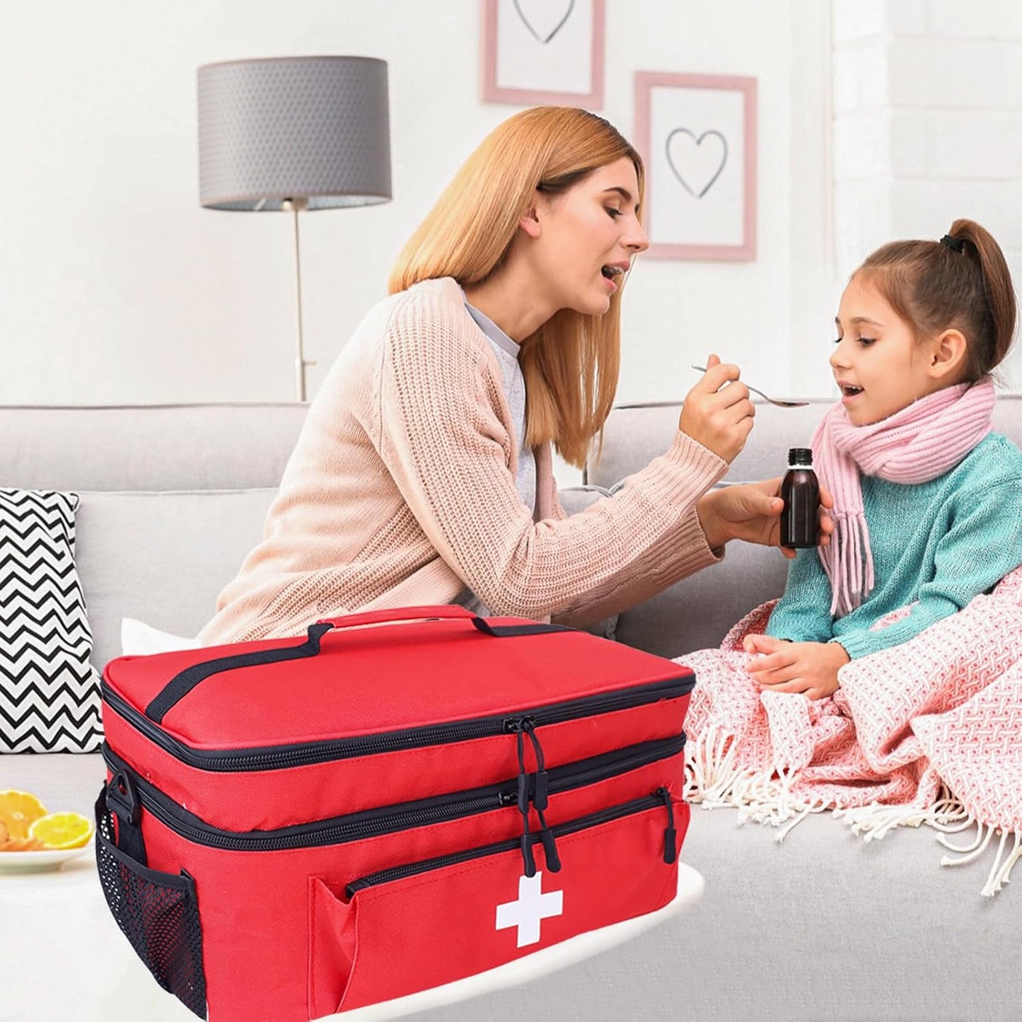 ALSLEA First Aid Bag Empty Large 2 Layer Medical Bag with Shoulder Strap 16”x 9½” x 7” Medicine Organizer Box Travel First Aid kit Emergency Supplies Storage Bag for Car, Home, Office, Outdoor (Red)