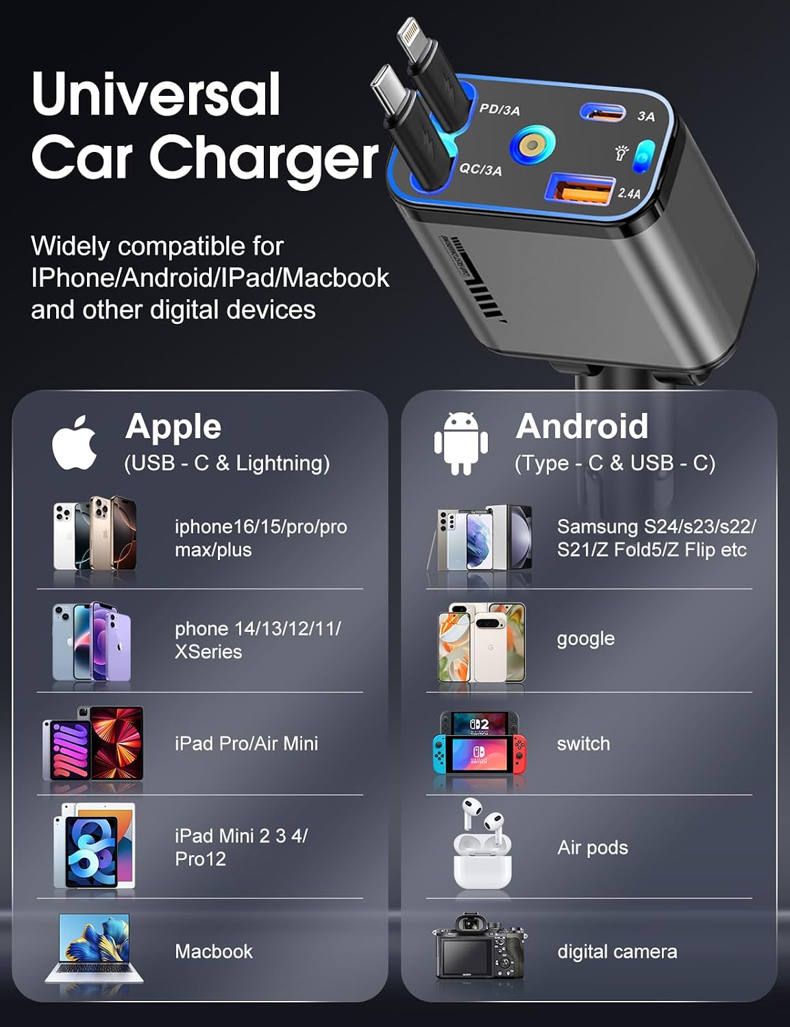 Retractable Car Charger 120W Fast Charging with Starlight,4 in 1 Universal Car Phone Charger,Built-in Type-C & Applehead Cable,Car Road Trip Retractable Accessory for iPhone,IPad,Samsung Galaxy,Pixel