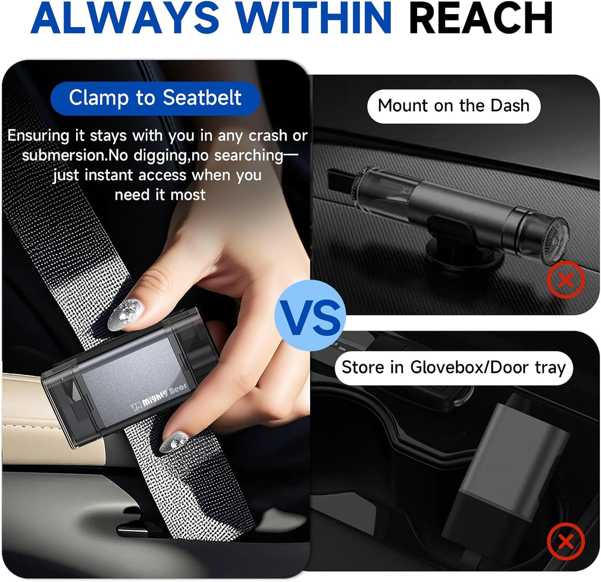 MightY Bear Car Window Breaker Seatbelt Cutter, 2-in-1 Car Emergency Tool, Underwater Glass Breaker for Traffic Accidents and Family Rescue - Gray