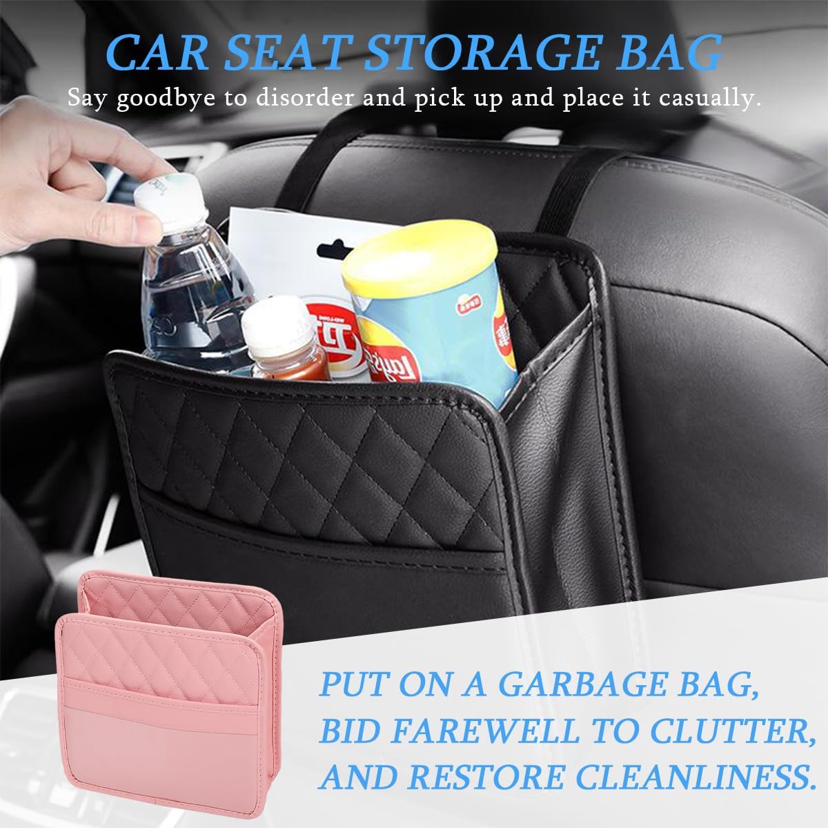 Car Seat Back Organizer, Leather Multipurpose Collapsible Vehicle Backseat Hanging Bag, Portable Automotive Interior Seat Storage Organizer, Universal for SUV RV Truck (Pink)