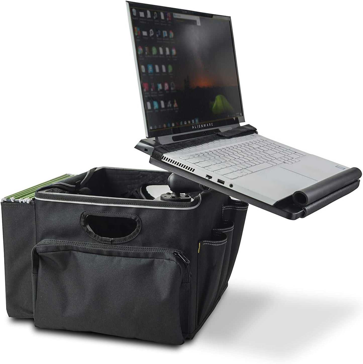 AutoExec Milk Crate Vehicle and Mobile Office Work Station with Apron Organizer, Laptop Tray and 400 watt Power Inverter | Apron Organizer, Laptop Tray, 400 Watt Power Inverter