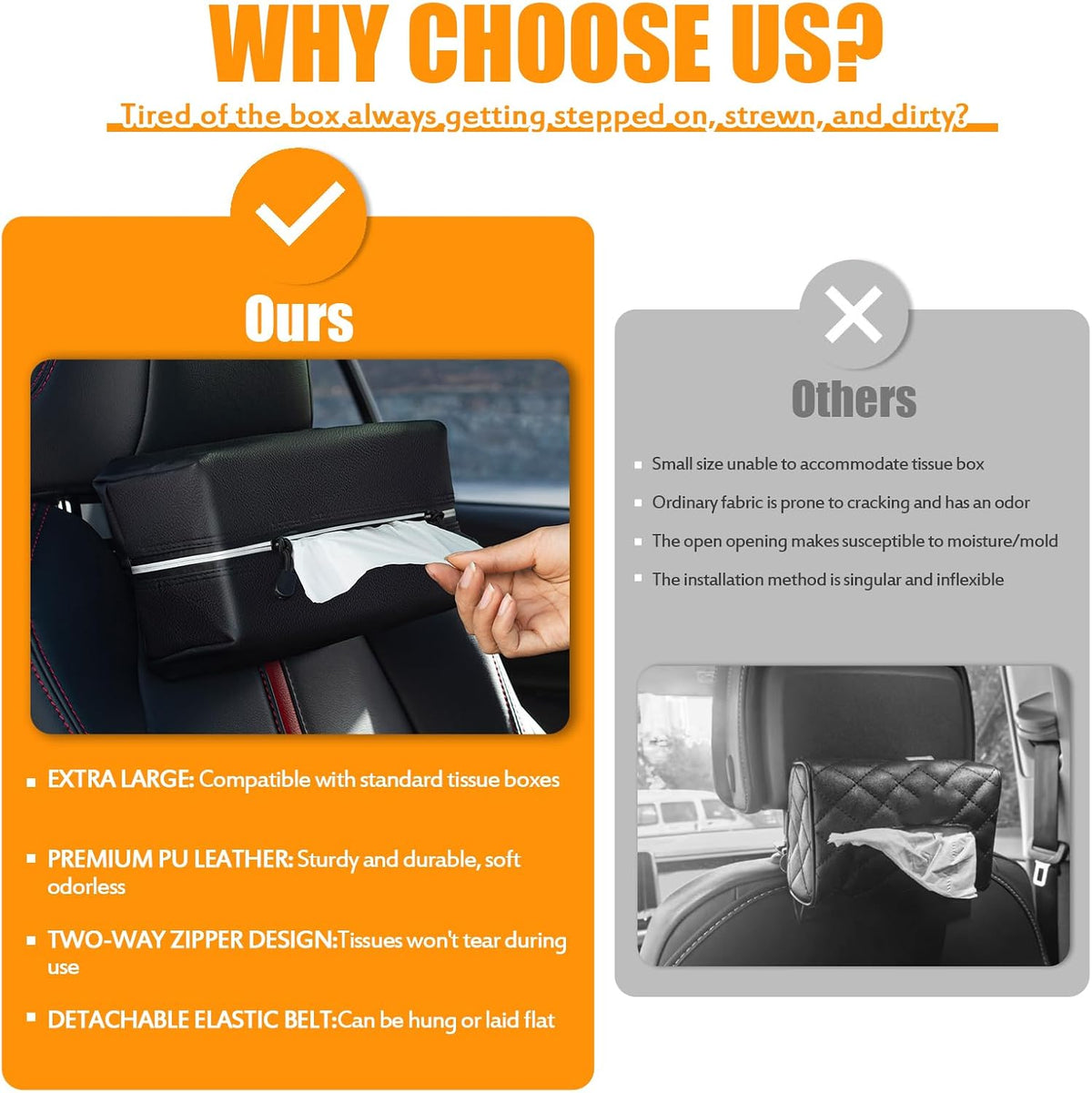 Car Tissue Holder for 120-160-230 Count Kleenex Facial Tissues Box - Waterproof Zipper Cover, Soft Black Leather with Adjustable Strap, Ideal for Car Seat Headrest, Console, Boat, Home (Uplien)