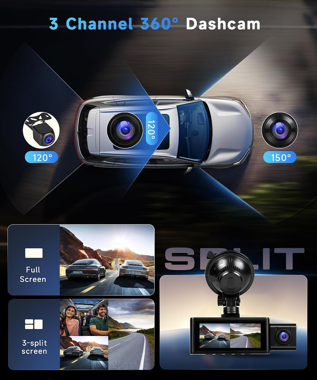 3 Channel Dash Cam 360° Front and Rear Inside, 2.5K Car Camera Recorder, 3.16 Inch Screen with WiFi GPS, Low-Light Night Vision, G-Sensor, 24/7 Time-Lapse Parking Loop Recording