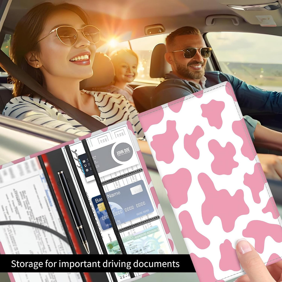 Premium Car Registration and Insurance Card Holder, Cute PU Leather Car Document Holder, Vehicle Glove Box Car Organizer with Magnetic Closure for Driver License, Cards Pink Cow Print