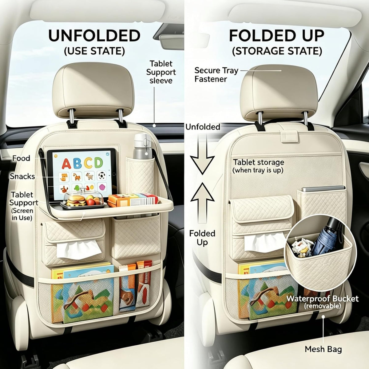 Car Seat Back Organizer with Foldable Tray, Tablet Holder & Pockets