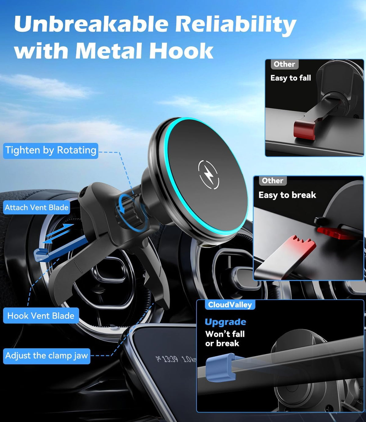 CloudValley 15W Charger Air Vent Car Mount for Mercedes Benz A/B/C/E/V/G/Class & Audi A1/A2/A3, Magnetic Wireless Charging Phone Holder for iPhone 17 Pro Max 16 15 14 13 12, Compatible with Magsafe