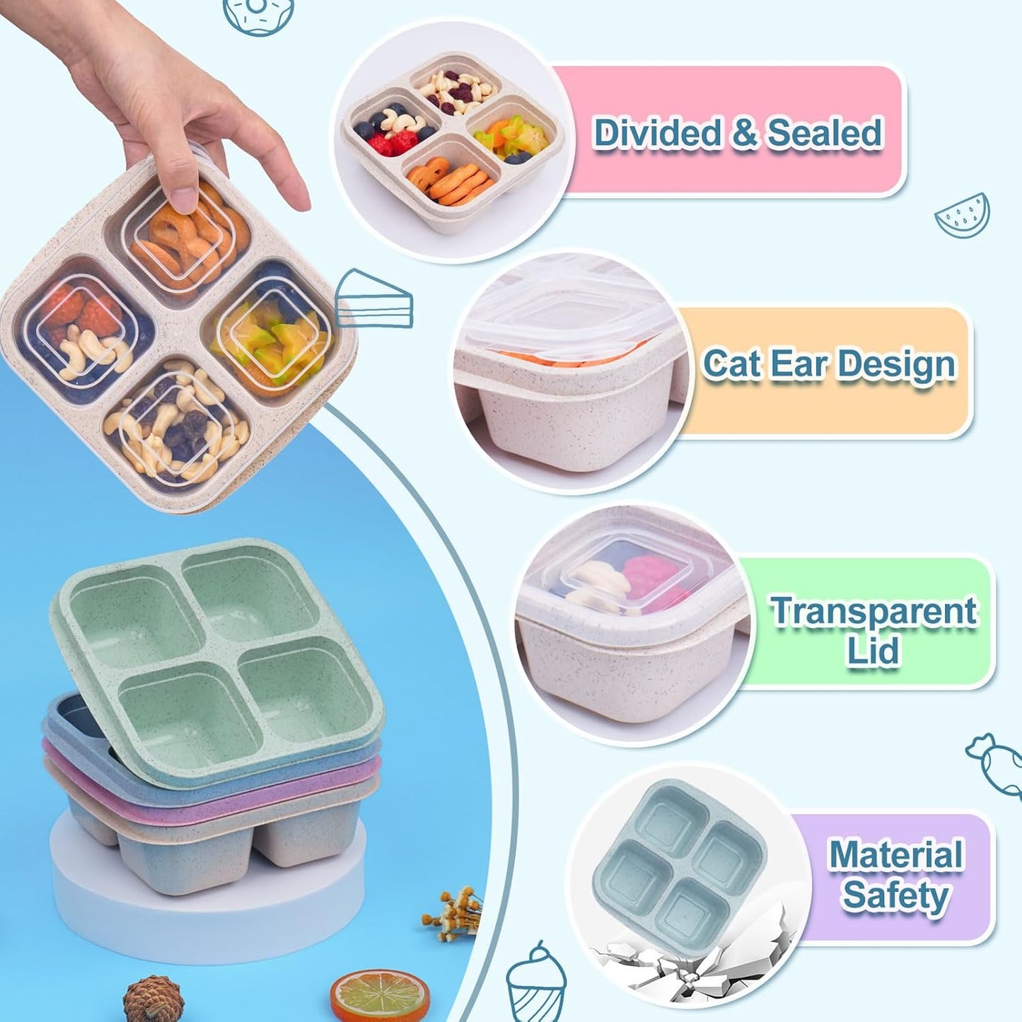 LCHLZZ 4 Pack Snack Containers, Divided Bento Snack Box, 4 Compartments Reusable Meal Prep Lunch Containers for Kids Adults, Food Storage Containers for School Work Travel