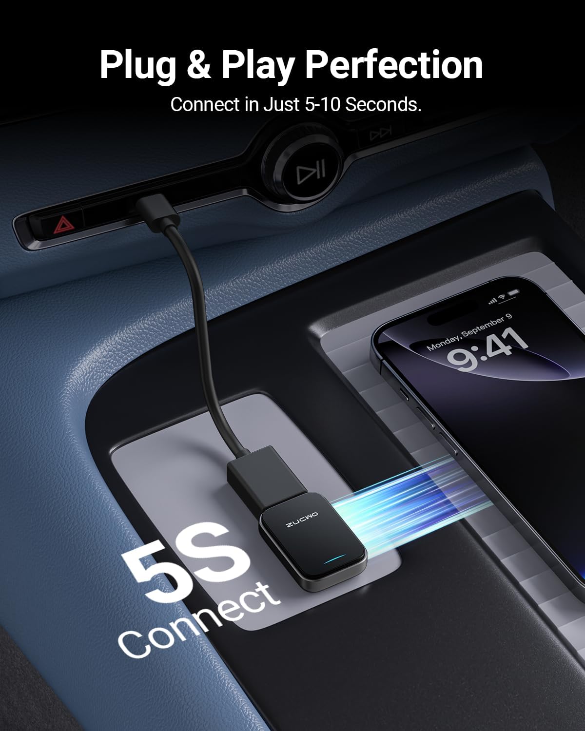 ZUCWO 2-in-1 Mini Wireless CarPlay Adapter for iPhone & Android, Plug and Play, Low Latency, Portable Carplay Adapter Converts Wired to Wireless CarPlay for Car from 2016+