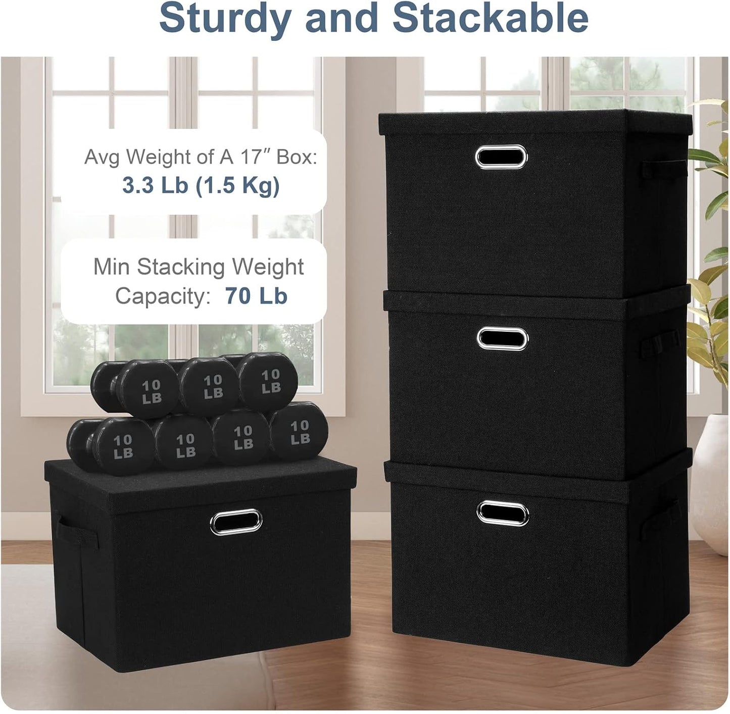 Graciadeco Large 17" 36 Quart Collapsible Stackable Storage Bins with Lids, 3 Packs Black Linen Fabric Closet Boxes with Lids, Storage Cube Baskets Container Organizers for Bedroom Office(17 x12 x11)