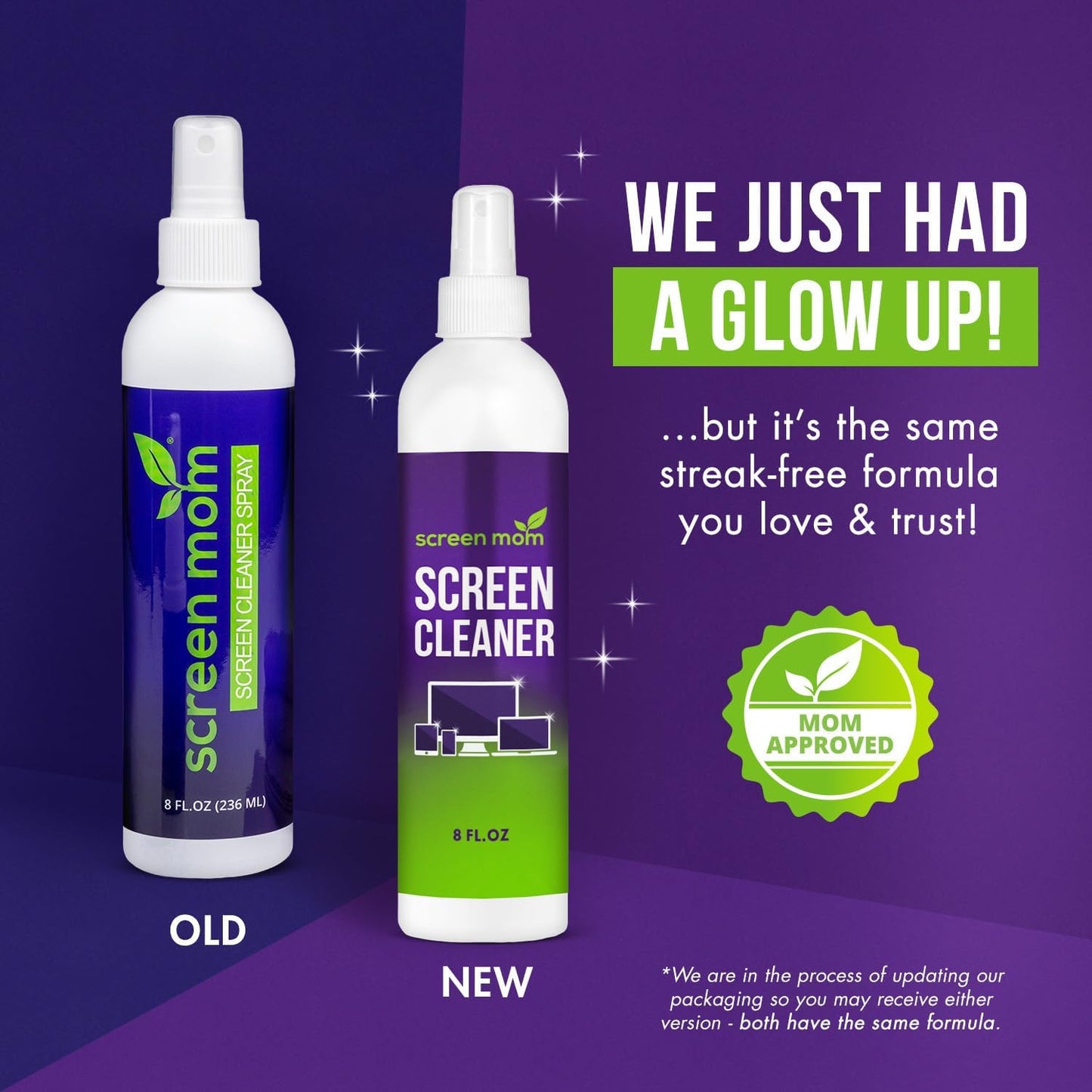 Screen Mom Screen Cleaner Spray 8oz & 2oz for TV, Car, Laptop and Computer | Streak-Free Formula, Alcohol & Ammonia Free, 4 Microfiber Cloths, Cleans TVs Phones Tablets Glass OLED, Residue-Free Cleaning