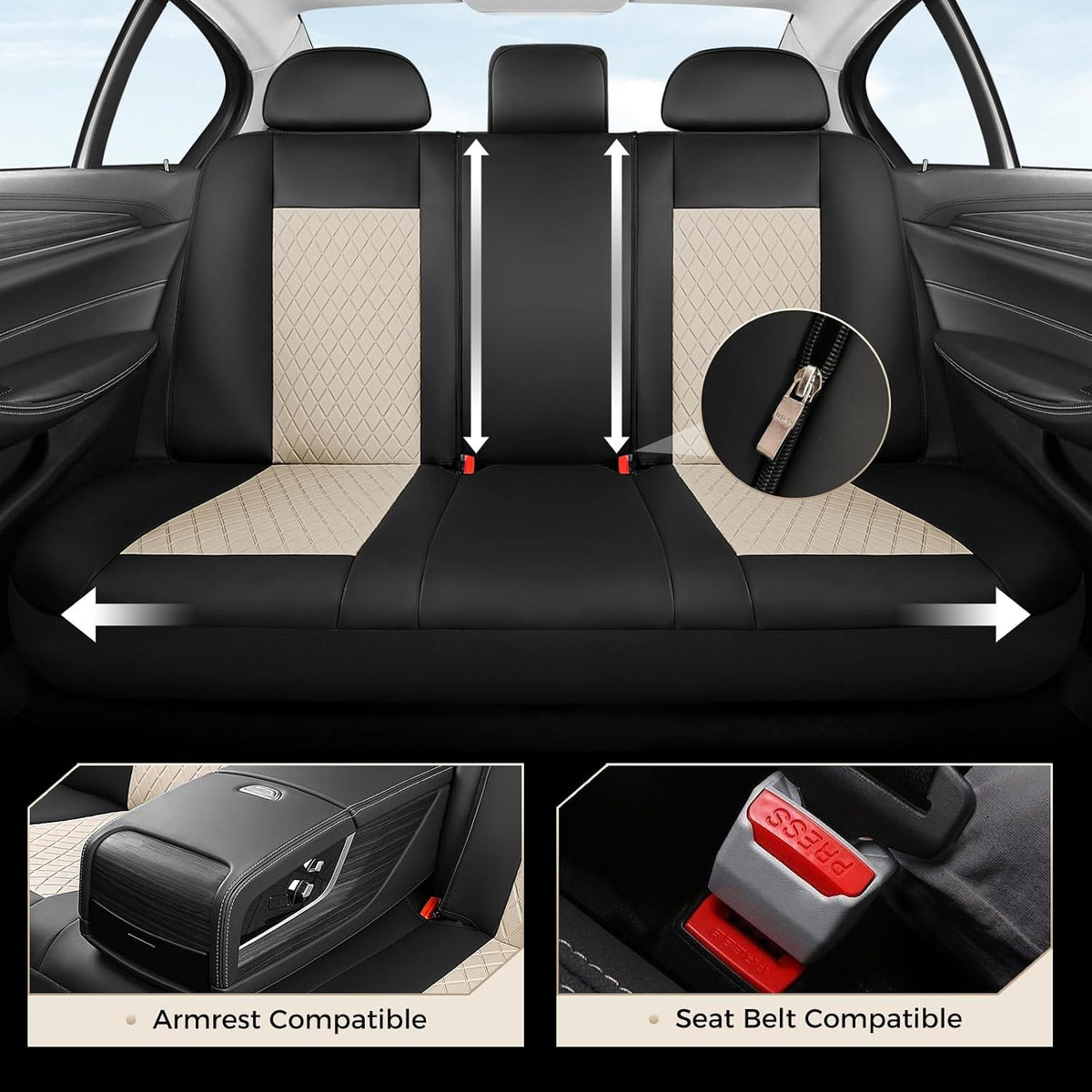Coverado Front and Back Seat Covers, 5-Pack Universal Seat Covers for Cars, Leather & Fabric Splicing Design Car Seat Protectors, Waterproof Seat Cushions Universal for Most Vehicles, Black & Beige