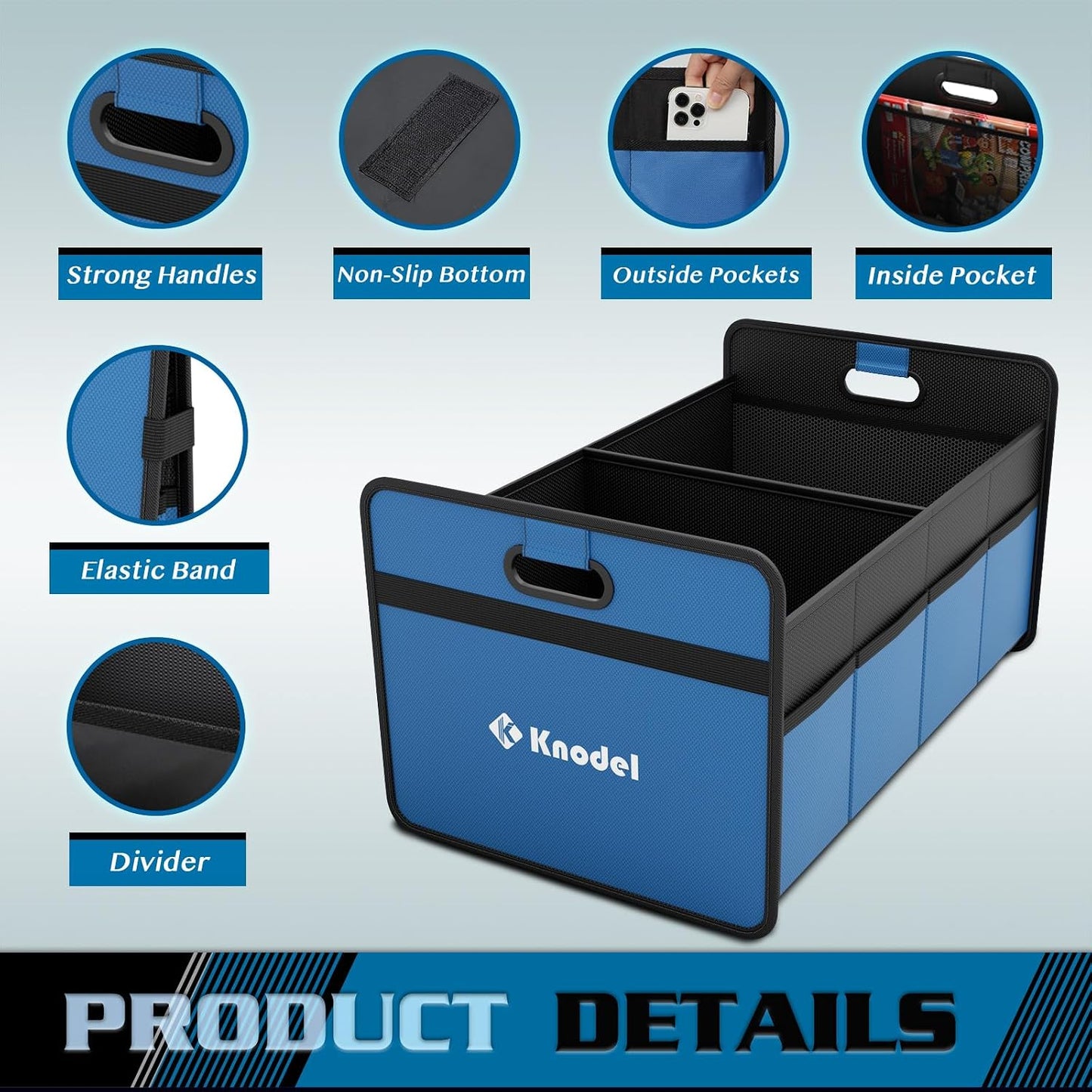 K KNODEL Car Trunk Organizer, Foldable Organizer for Car, Automotive Consoles & Organizers, Storage with Reinforced Handles (Small, Blue)
