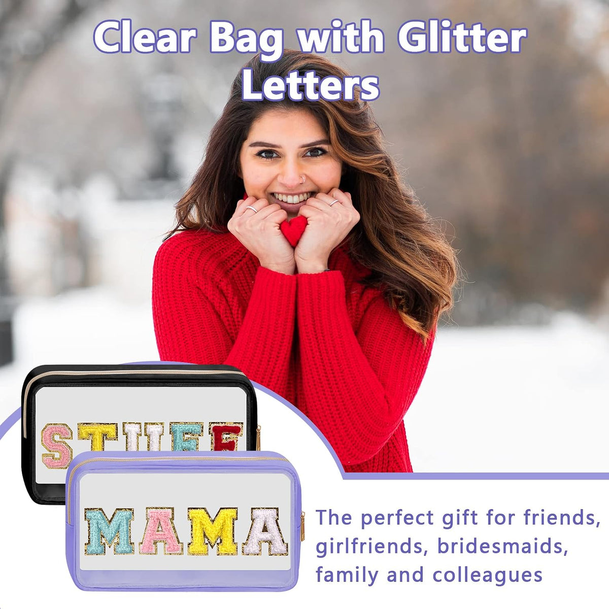 Iqimott Clear Patch Makeup Bag Mama Pouch, Preppy Personalized Chenille Letter Cosmetic Pouch for Travel, Nylon Waterproof Travel Essentials Zipper Toiletry Bags for Women Girls(MAMA, Purple)