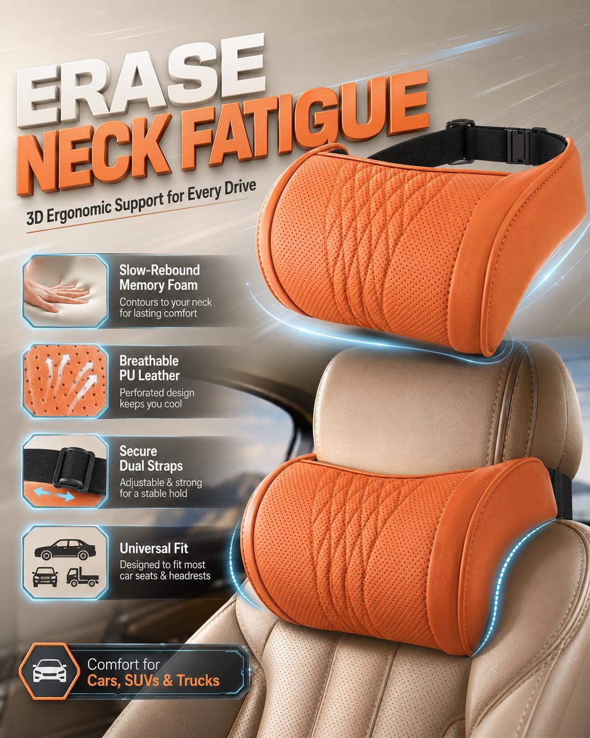 Universal Memory Foam Car Headrest Neck Pillow, Car Neck Pillow (Orange)