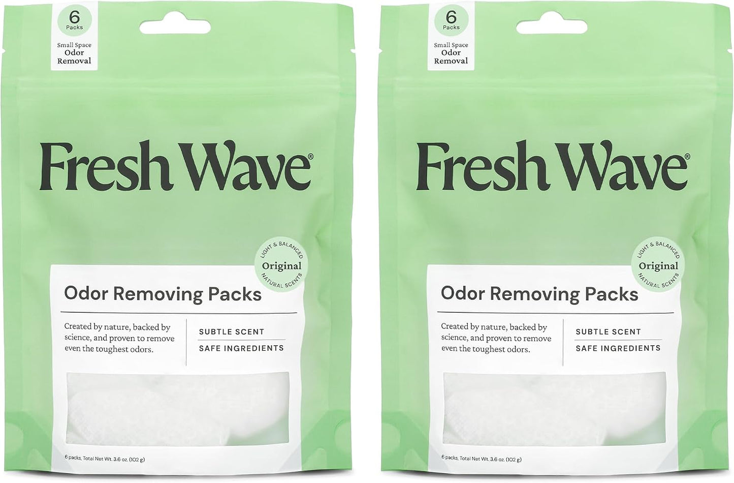 Fresh Wave Odor Eliminating & Deodorizing Packs | 2 Bags of 6 Each | Safer Odor Relief for Small Spaces | Natural Plant-Based Odor Eliminator | Odor Absorbers for Home, 3.6 Ounce (Pack of 2)