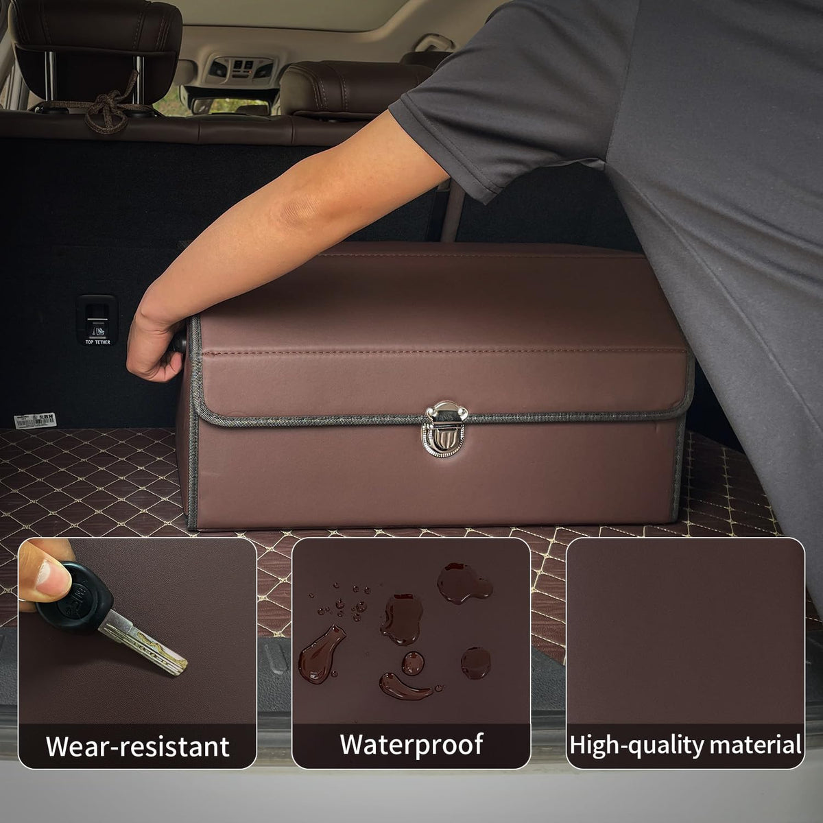 Trunk Organizer for Car With Lid,Foldable Trunk Organizer for SUVs & Sedans,Multi-Functional Leather Storage Box - Brown - Small