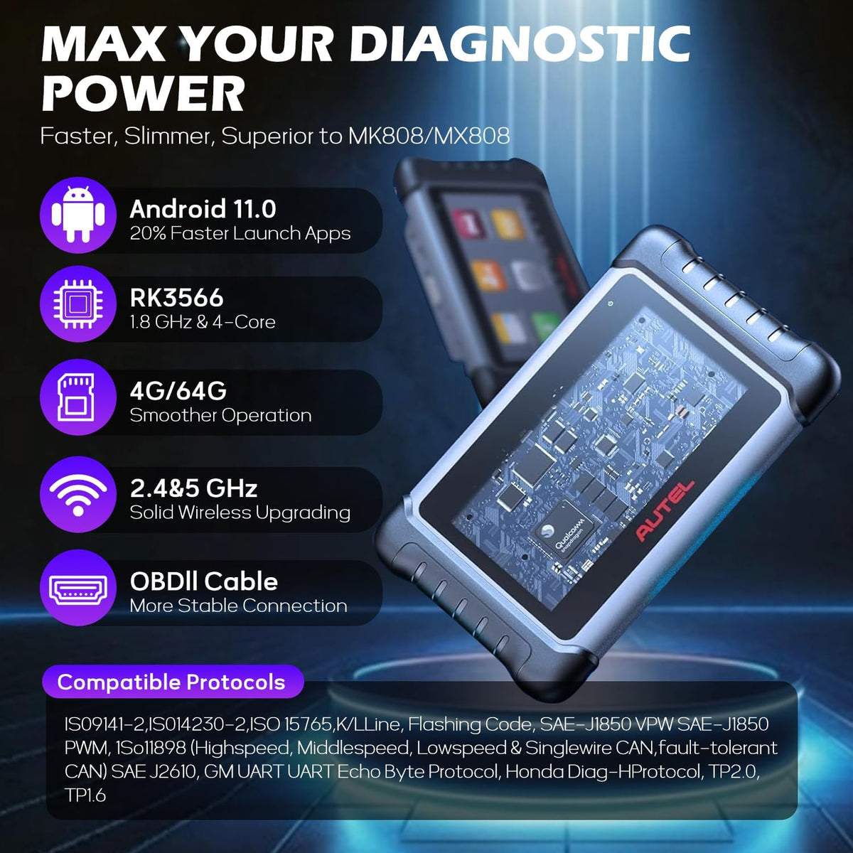 Autel MaxiCOM MK808Z OBD2 Scanner, 2026 Bidirectional Scan Tool Same As MK808S MX808S, Work as MaxiCheck MX900 MK900BT, Active Test, 28+ Service, All System Diagnose, Injector Coding, FCA Autoauth