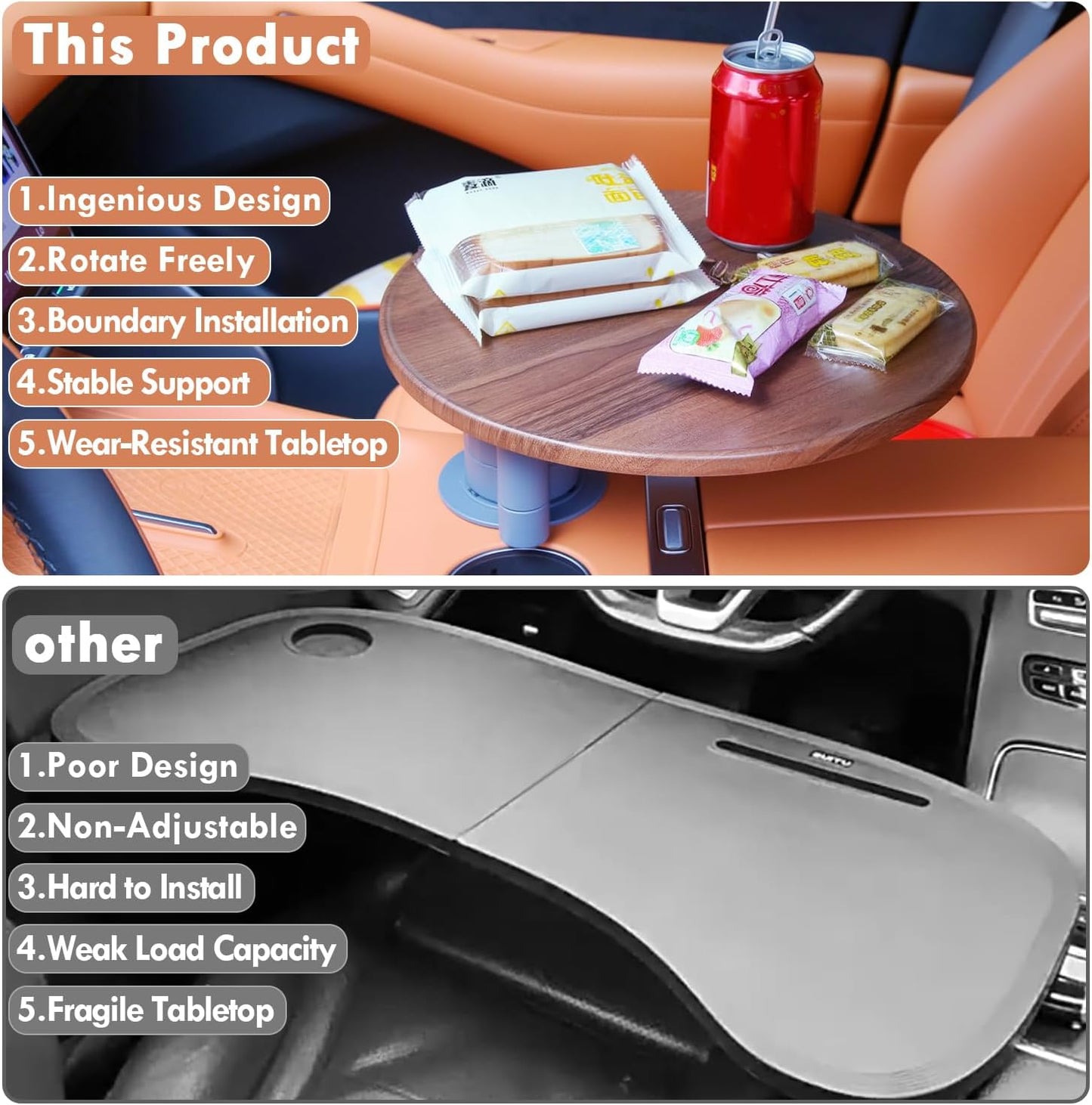 Car Tray & Car Desk for Laptop with 360° Rotating Wooden Car Laptop Mount Car Table Car Food Tray – Universal Steering Wheel Table for Tesla Model Y/3/S, Ford F-150 Explorer & Most Vehicles