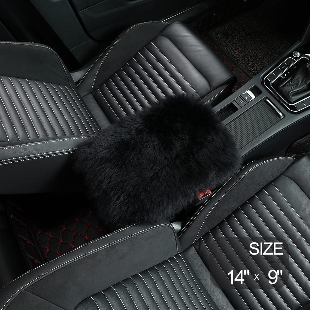 LLB Auto Center Console Cover Pad Universal Fit for SUV/Truck/Car, Genuine Sheepskin Wool Fur Car Armrest Seat Box Cover, Furry Fluffy Auto Armrest Cover Protector (Black)