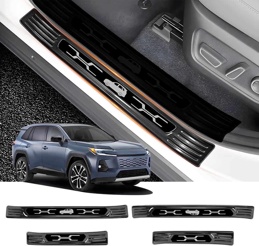 Door Sill Protector Trim for 2026 Toyota RAV4 Accessories Front and Rear Doors Car Pedal Kick Protection Stainless Steel Material，Black Brushed Finish Style Kit 4 PCS Interior Decor Accessory
