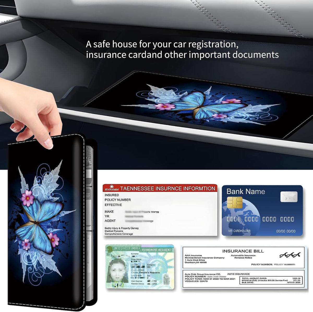 Premium Car Registration and Insurance Card Holder, Cute PU Leather Car Document Holder, Vehicle Glove Box Car Organizer with Magnetic Closure for Driver License, Cards Retro Blue Butterfly