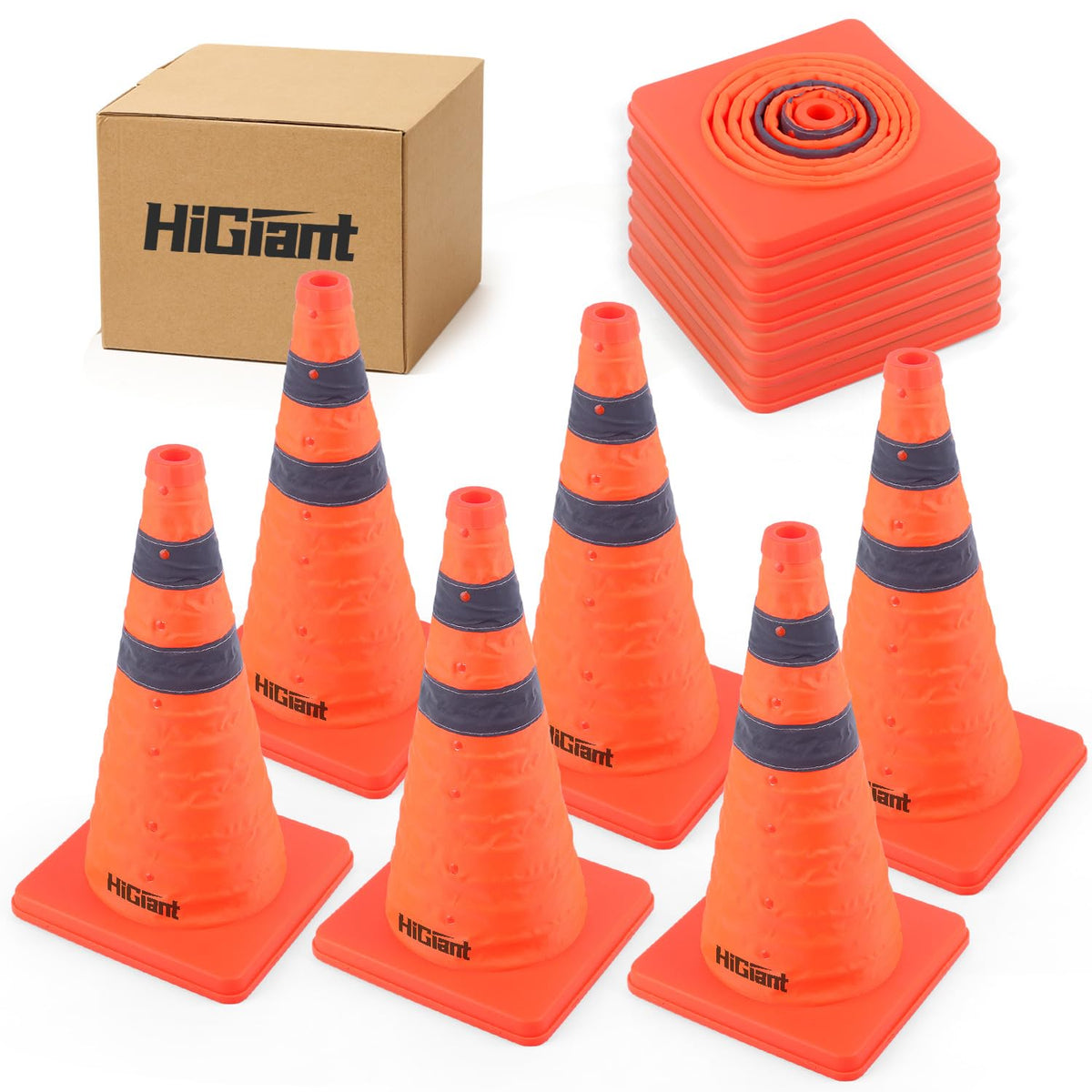 HiGiant 6 Pack 18" Collapsible Traffic Safety Cones, Orange Cones