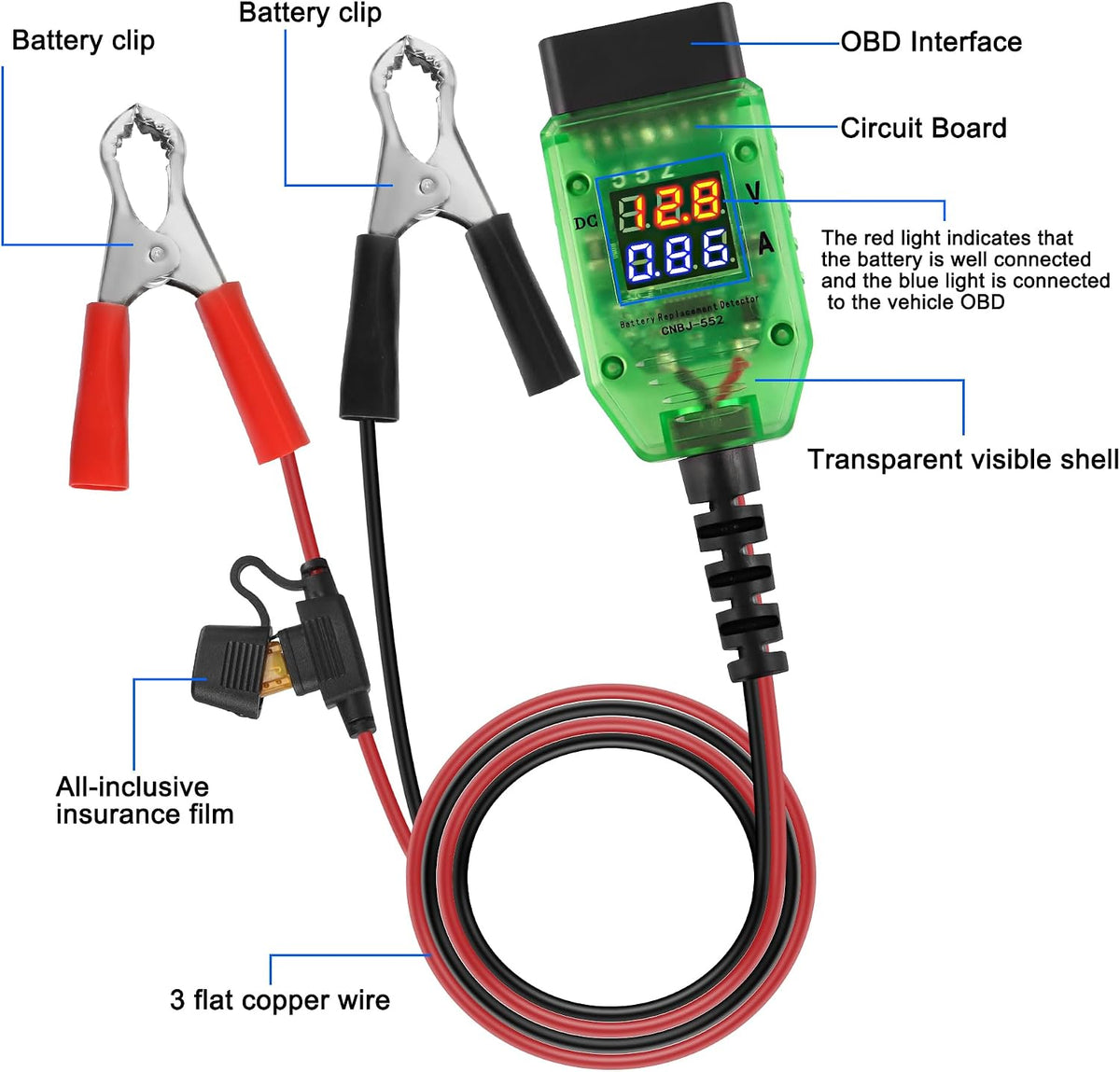 MEIRIYFA OBD2 Car Battery Change Saver Memory Vehicle ECU Emergency Power Supply Cable Replacement 12V Digital Display OBD II Battery Leakage Detective Kit with 5A Fuse