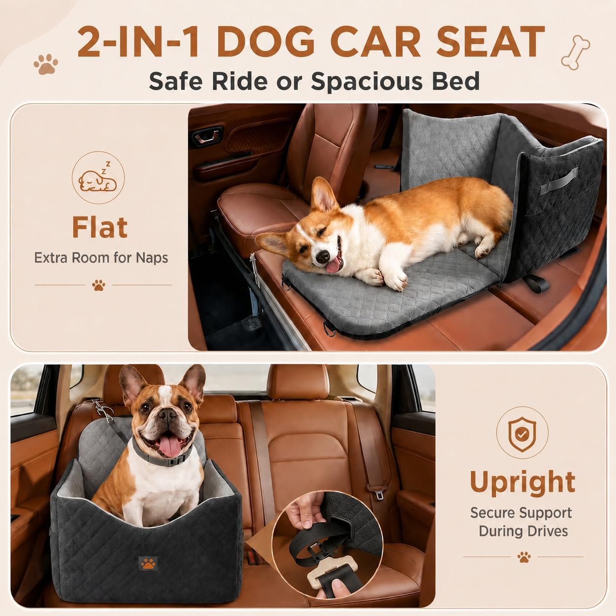Dog Car Seats for Small/Medium Dogs, Puppy Car Seat with Side Opening, Thick Cushion, Detachable Washable Dog Carseat with Storage Pockets for Dogs Up to 35lbs (Grey)