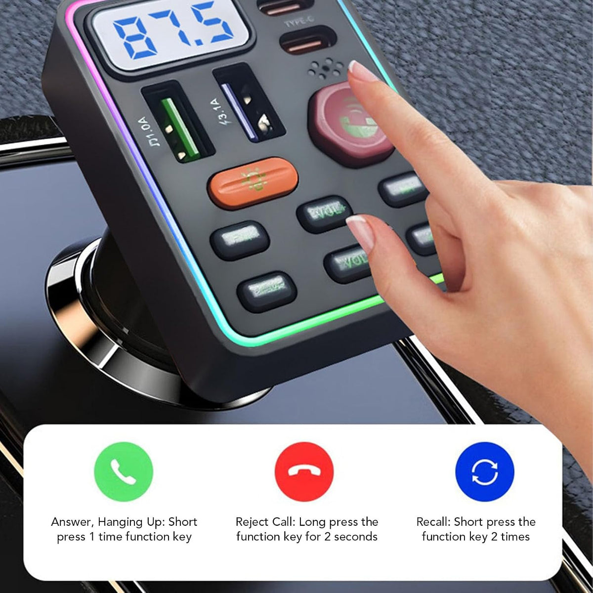 Zunate Car Bluetooth Adapter FM Transmitter with Large Digital Display, USB Type C and USB Fast Charging Car Charger, MP3 Music Stereo Sound Player Radio Adapter for 12V 24V Vehicles
