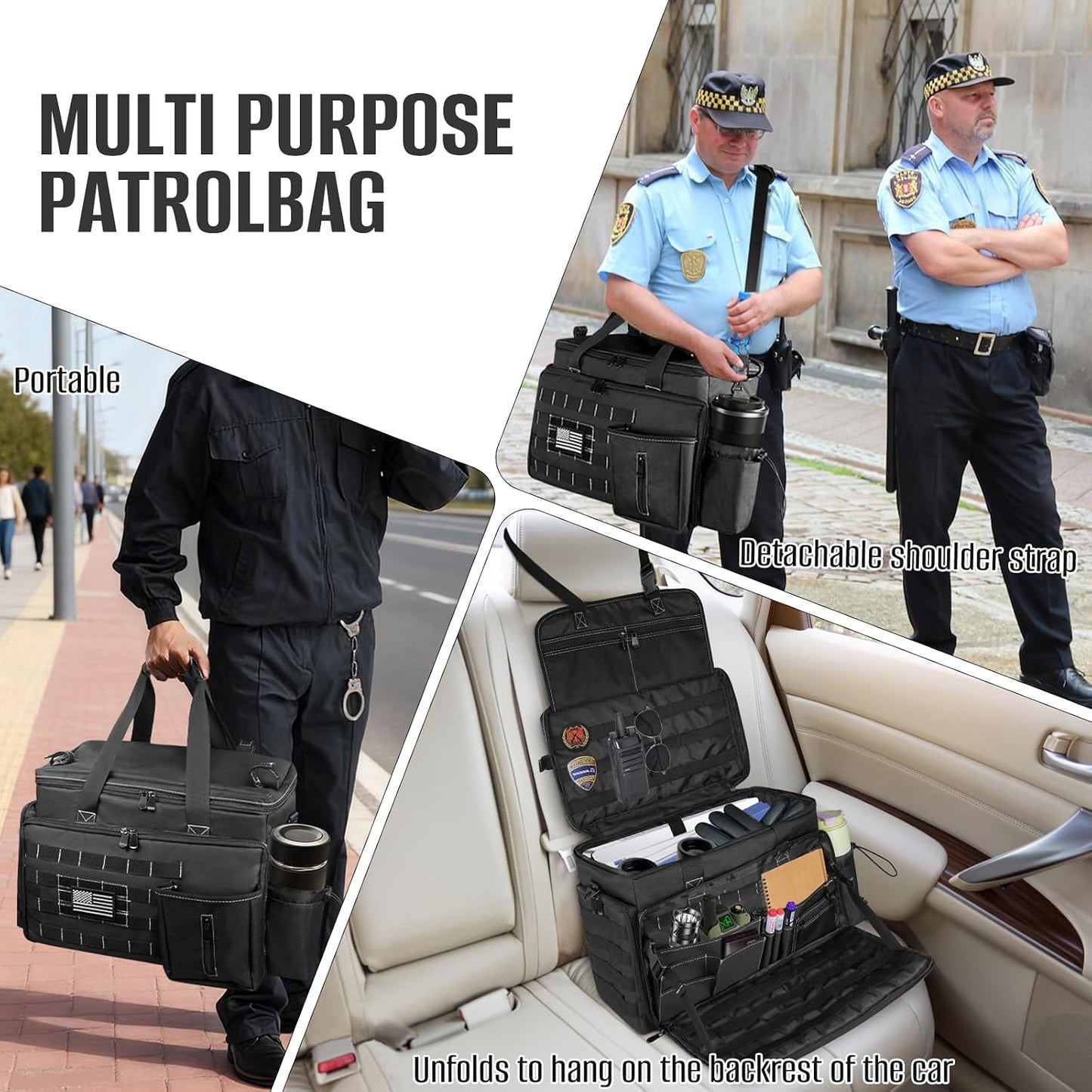 LIWSHWZ Patrol Bag Law Enforcement,Police Gear Bag for Car Front Seat Organizer with 15.6” Laptop Layer and Cup Holders,Multiple Compartments Police Duty Bags Fit Vehicle Passenger Seat