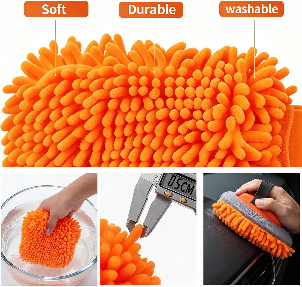 57'' Car Wash Brush with Long Handle Chenille Microfiber,3-in-1 Car Wash Mop Mitt Kit, Car Detailing Brush Cleaning Kit Window Squeegee for Cars RV Truck Boat