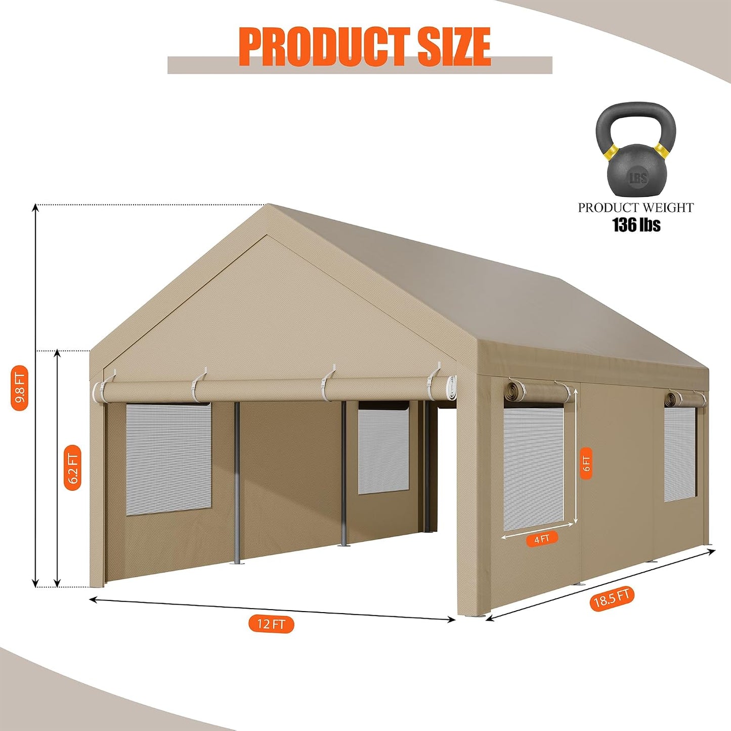 JAMFLY 12x20 ft Heavy Duty Carport with Roll-up Windows, Portable Garage with Removable Sidewalls & Doors, Car Canopy with Sandbags and All-Season Tarp for Car, Truck, Boat, Motorcycle, Khaki