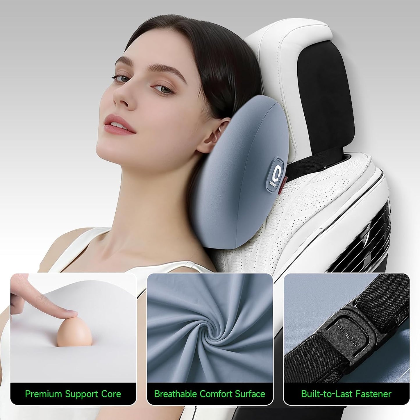BEBAS Memory Foam Car Headrest Pillow - Breathable Neck Support Pillow for Driving, Universal Fit Cars/SUVs/Tesla/Toyota & Office Chair, Removable Cover (Blue, 4-Season)