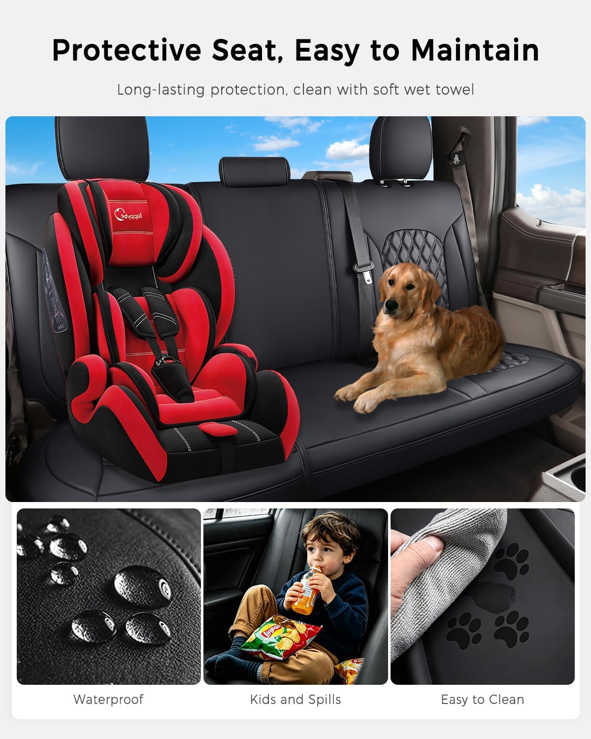 Huidasource Tacoma Rear Bench Car Seat Covers, Black Leather Back Row Seat Cushion Cover Fit for Toyota Tacoma 2016-2023 Double & Crew Cab SR SR5 Limited TRD Sport/Pro/Off Road (Back Row/Black)