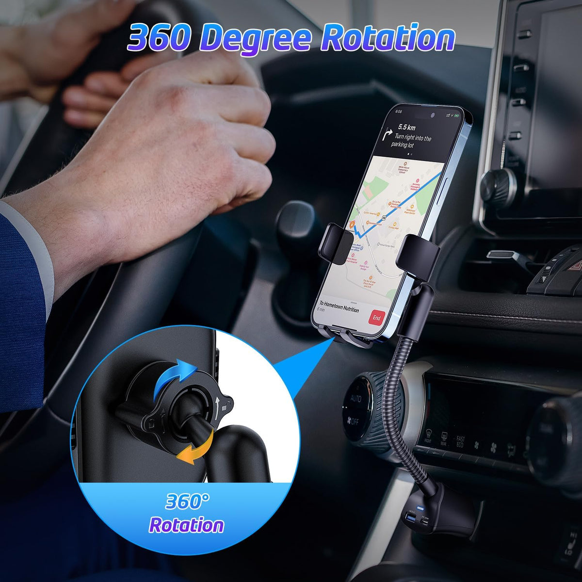 Cigarette Lighter Phone Holder, 360° Rotating Car Mount Cradle with Dual USB Charging Port, Adjustable Gooseneck, Car Phone Holder Cigarette Lighter Mount, Fits Most Cellphones