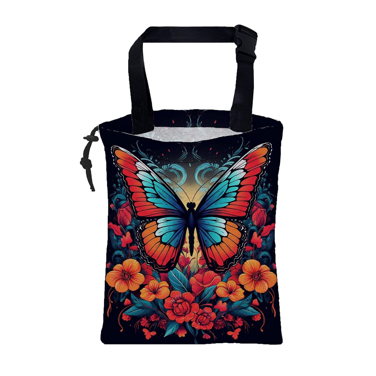 Car Garbage Bag Colorful Butterfly with Flowers Hanging Canvas Car Trash Bag Waterproof Drawstring Car Back Seat Organizer for Car Back Front Seat Console with Adjustable Buckle