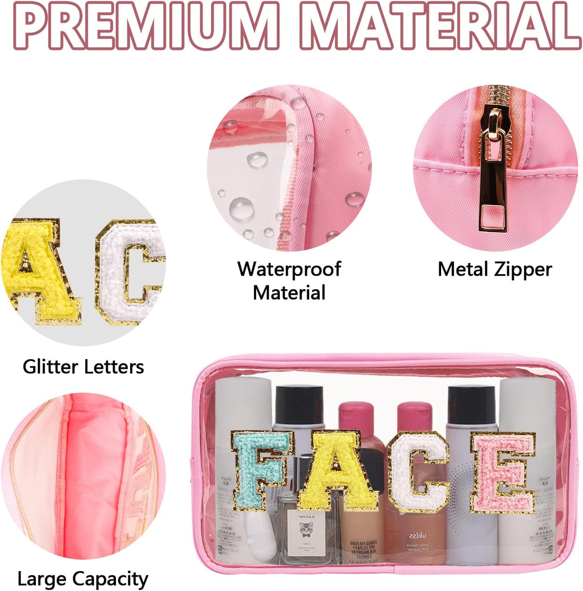 Iqimott Clear Patch Makeup Bag Face Pouch, Preppy Personalized Chenille Letter Cosmetic Pouch for Travel, Nylon Waterproof Organizer Travel Essentials Zipper Toiletry Bags for Women Girls(Pink)