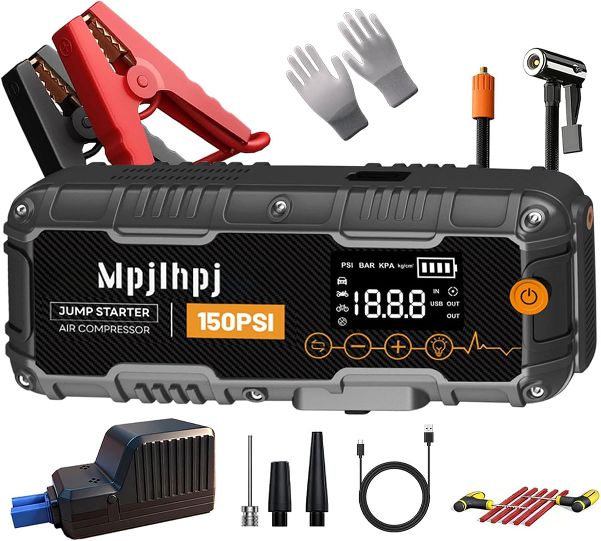 Jump Starter with Air Compressor, 4000A Battery Jumper Starter Portable (8L Gas/6L Diesel) with 150PSI Auto-Shutoff Tire Inflator, 12V Jump Box Car Battery with Lights,Gloves,Car Emergency Kit