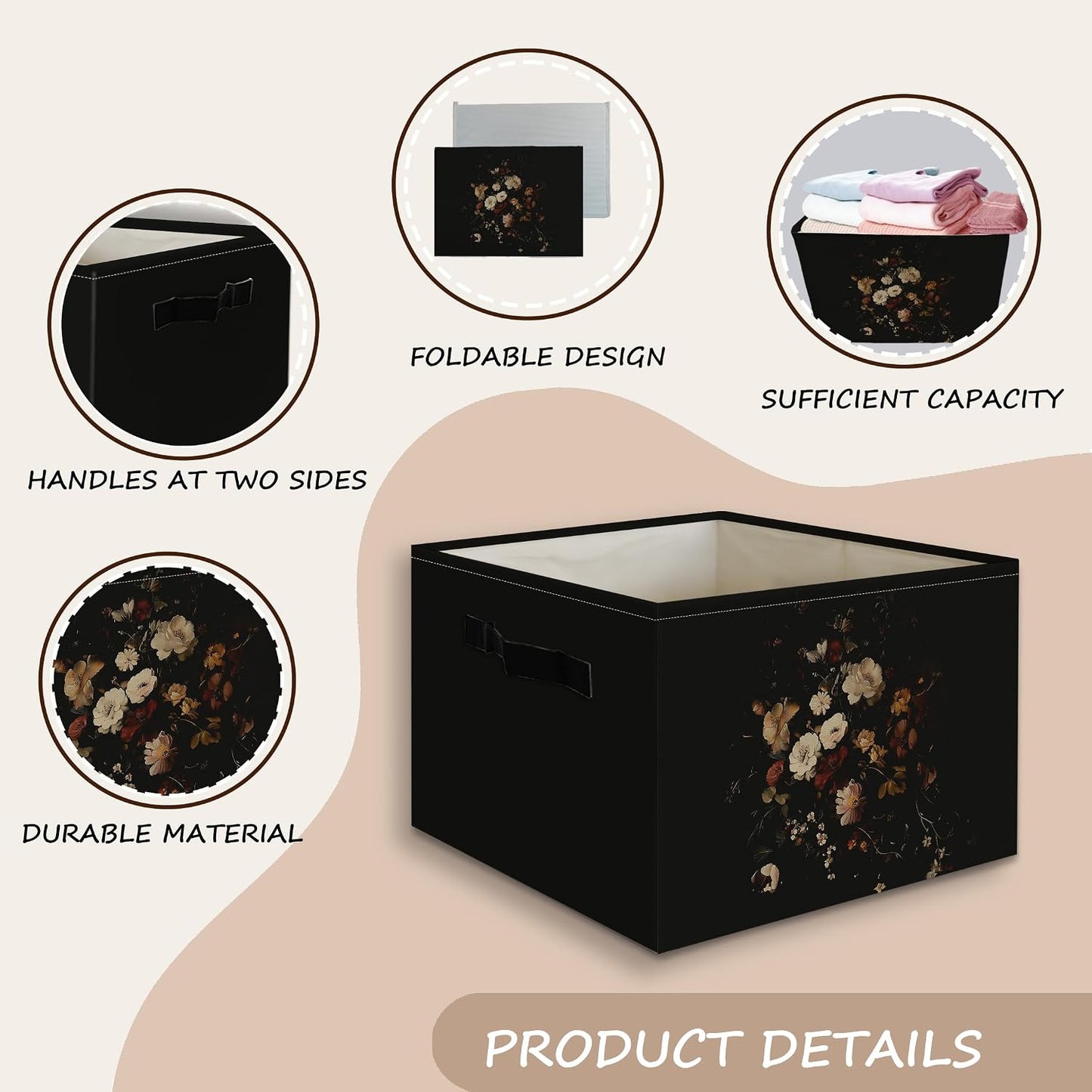 Moody Floral Decor Basket Foldable Storage Bins Box with Handles, Dark Academia Cottagecore Rustic Wildflower Botanical Organizer Basket for Bedroom Bathroom Kids Room Clothes Toys Books