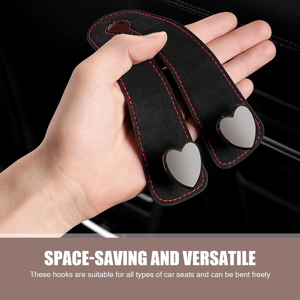 2 PCS Car Seat Headrest Hook, Car Hooks for Headrest, Storage Double Heart Shape Hooks, Suede Foldable Soft Hook Organizer, Universal for Cars (Black)