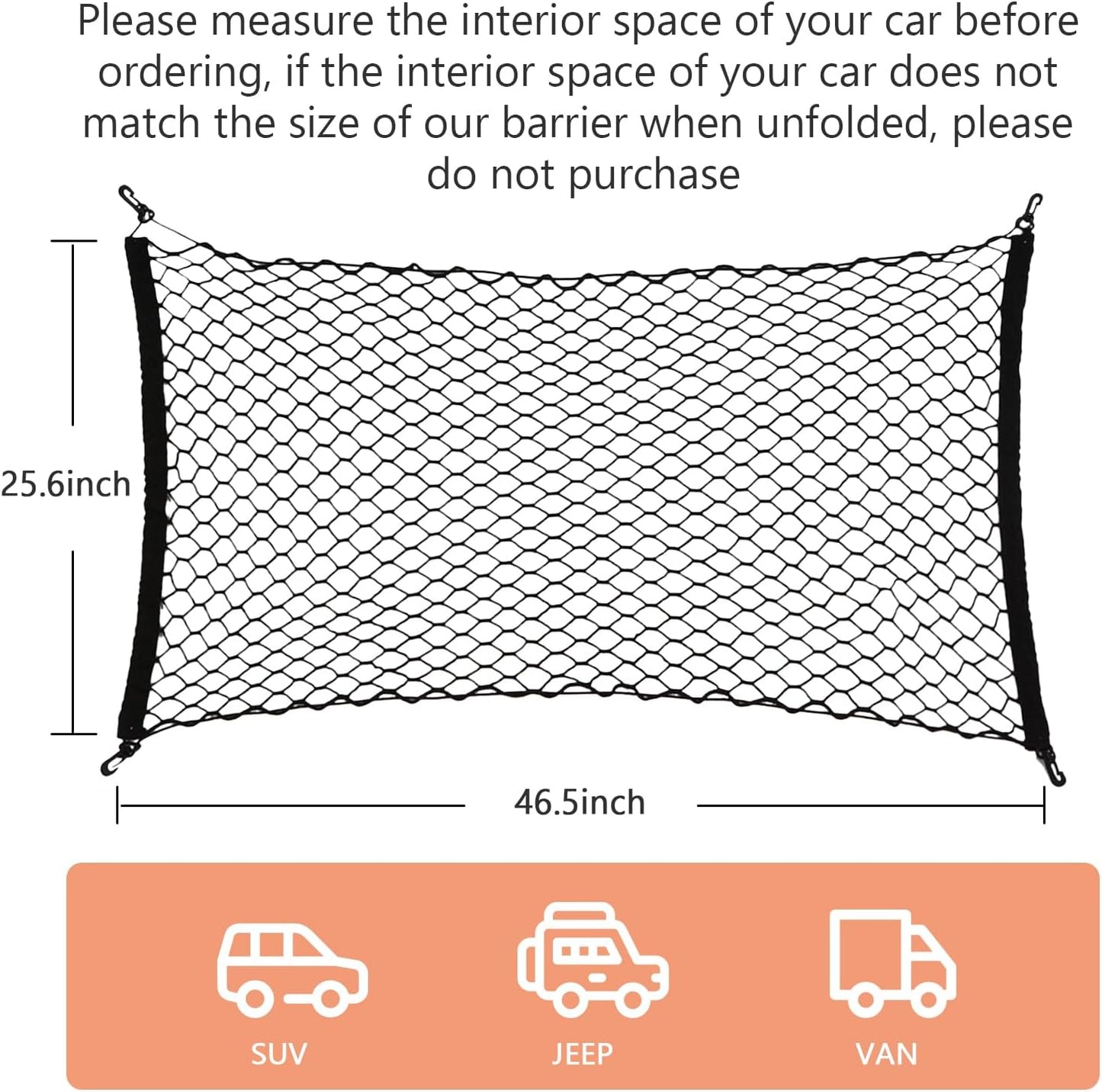 Dog Car Net Barrier for SUV - Pet Car Divider Back Seat Barrier Net, Easy to Install and Remove,with Flexible Bungee Cords Adjustable for Trucks, SUV, Vans, Universal Fit Sturdy Mesh (47 * 27 inches)