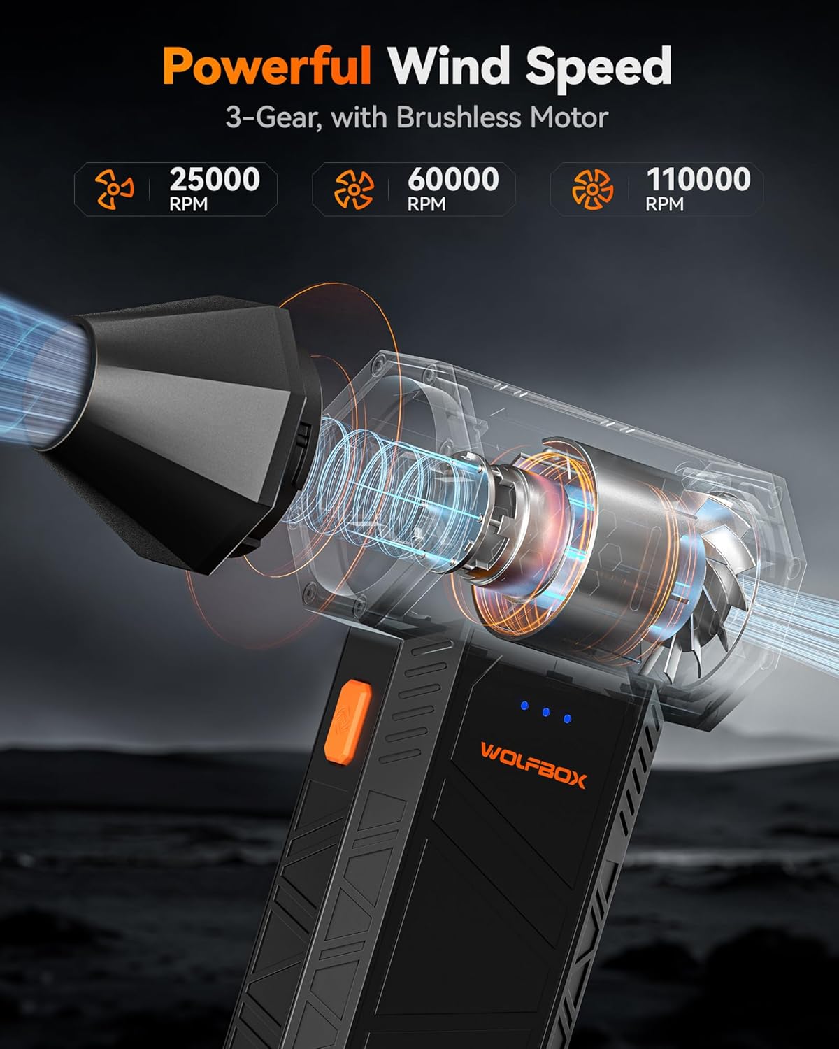 WOLFBOX MegaFlow 50 Compressed Air Duster-110000RPM Super Power Electric Air Duster, 3-Gear Adjustable Mini Blower with Fast Charging, Dust Blower for Computer, Keyboard, House, Outdoor and Car