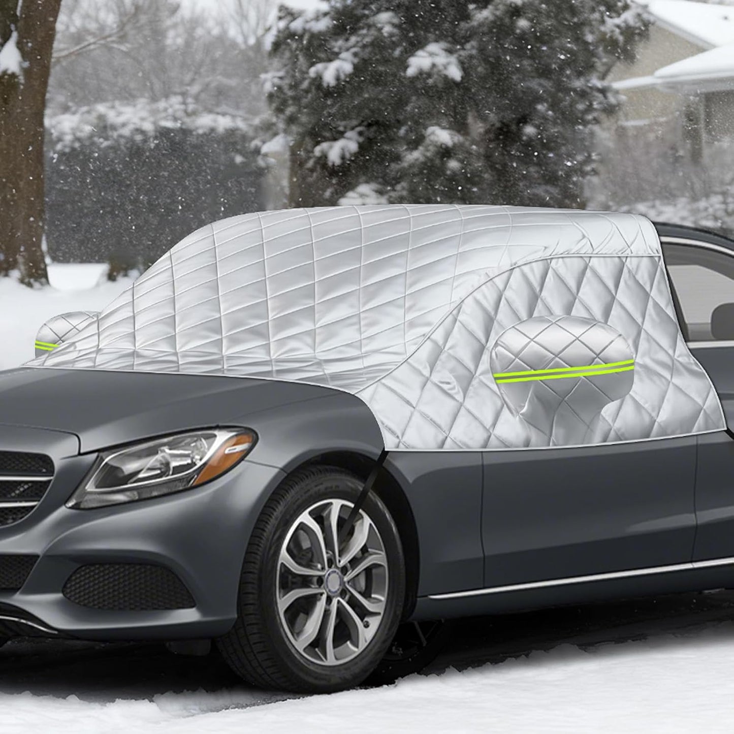 6 Layers Windshield Snow Cover Universal Midsize Sedan/Compact SUV Protection Hail & Snow Shield | Scratch-Free Hooks + Reflective Strips + Mirror Covers