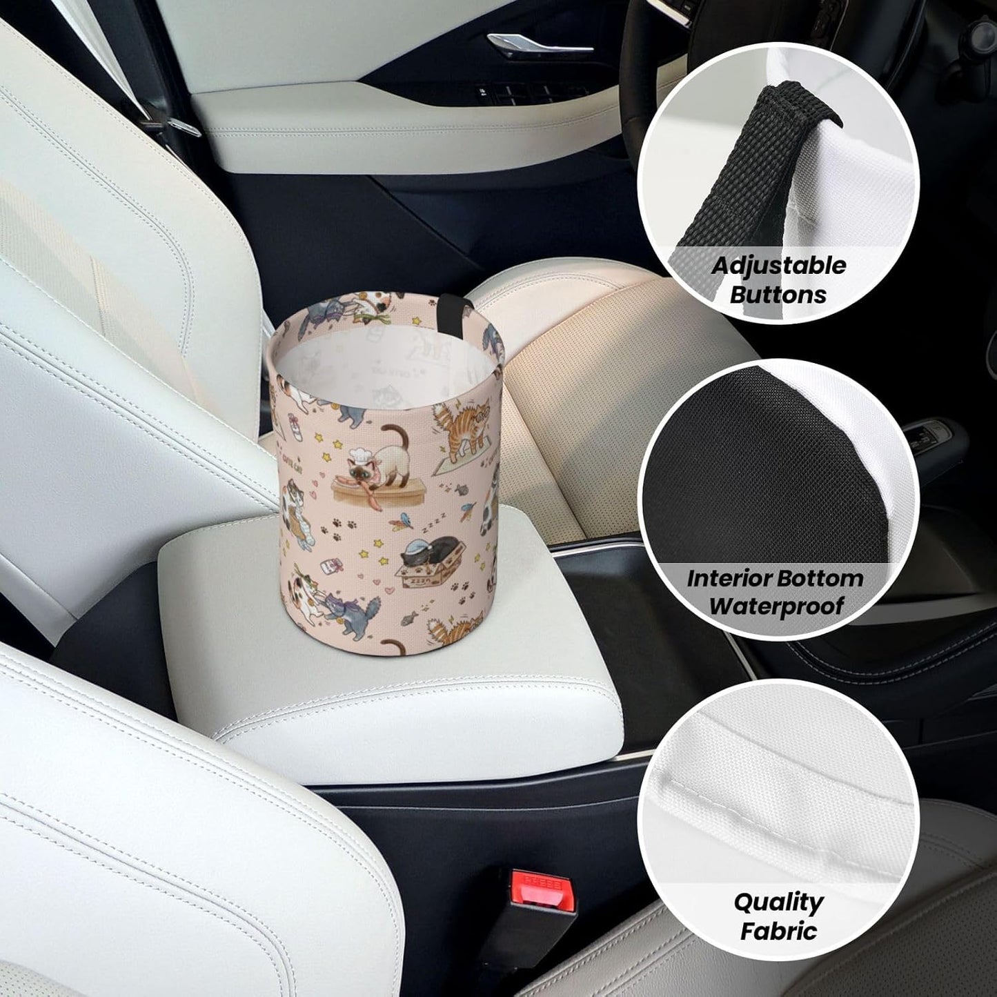 Cute Cats Car Trash can,car Garbage can, car Trash bin, Waterproof and Durable,Collapsible,Cylindrical, with Velcro Fastening Strap, Suitable for All car Models.