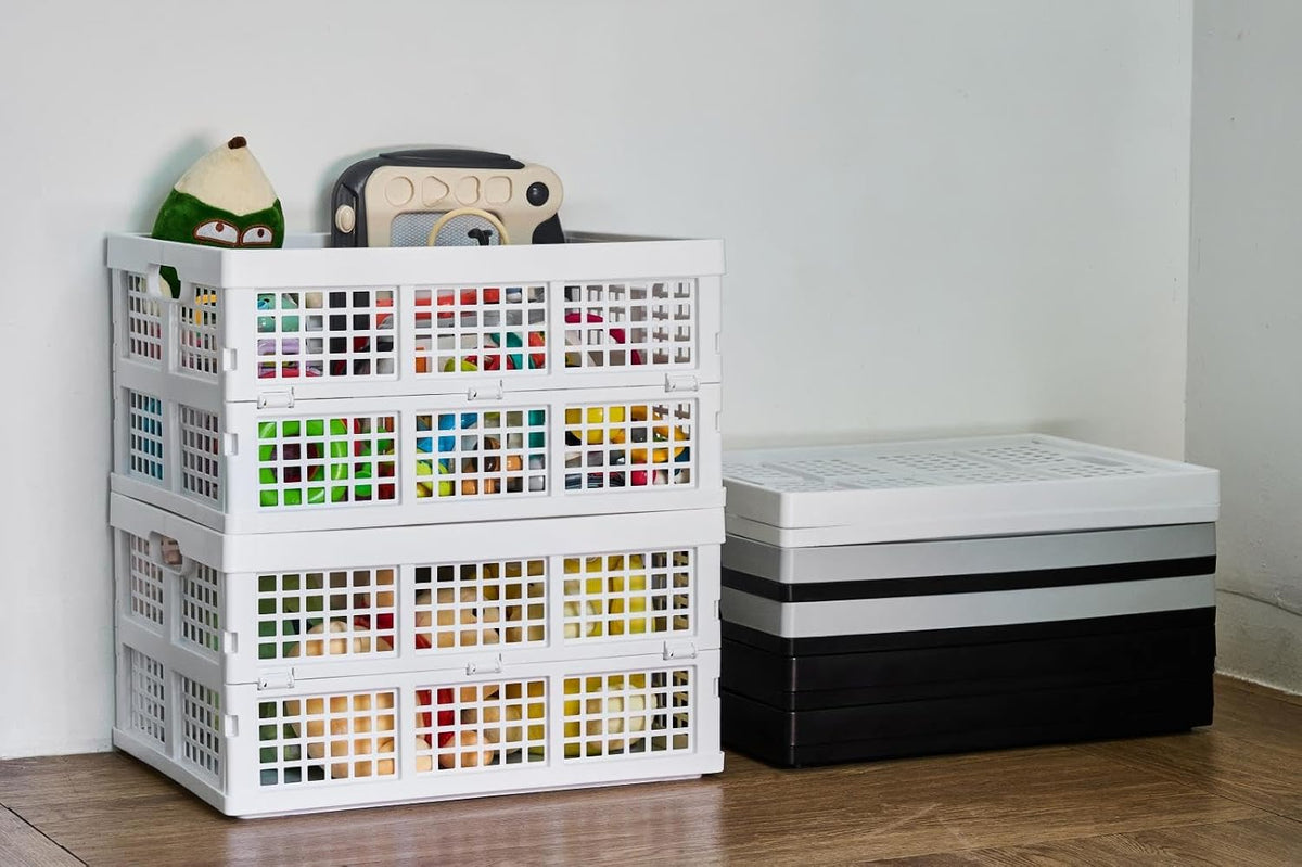 Aebeky 3-Pack Plastic Collapsible Storage Crates-30L,Foldable Plastic Crates for Storage (White)