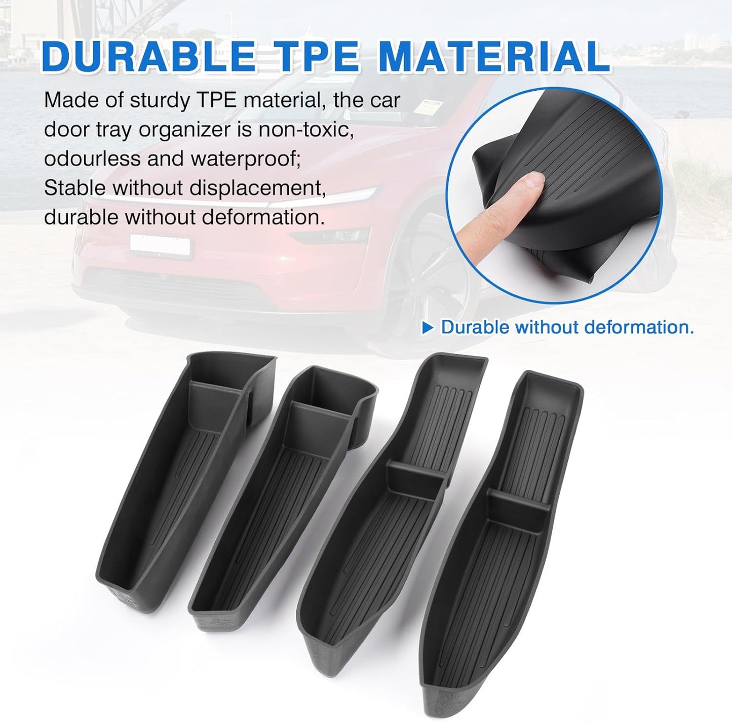Shademax Set of 4 Car Door Organizer Tray for Tesla Model Y Juniper 2026 2025 Front& Rear Door Side Storage Box for New Model Y Juniper Accessories 2026 Slot Pockets Organizer Insert TPE Material
