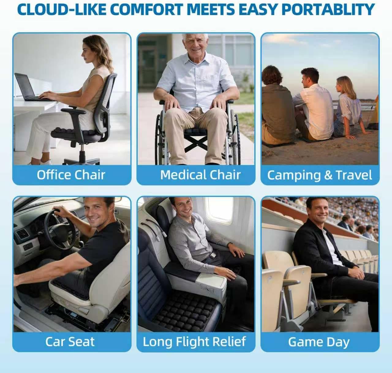 Inflatable Seat Cushion, Airplane Seat Cushion for Long Flights, Travel Cushion for Pressure Relief, Ergonomic Car Seat Cushion Without Air Pump, Air Cushion Seat for Wheelchair, Travel