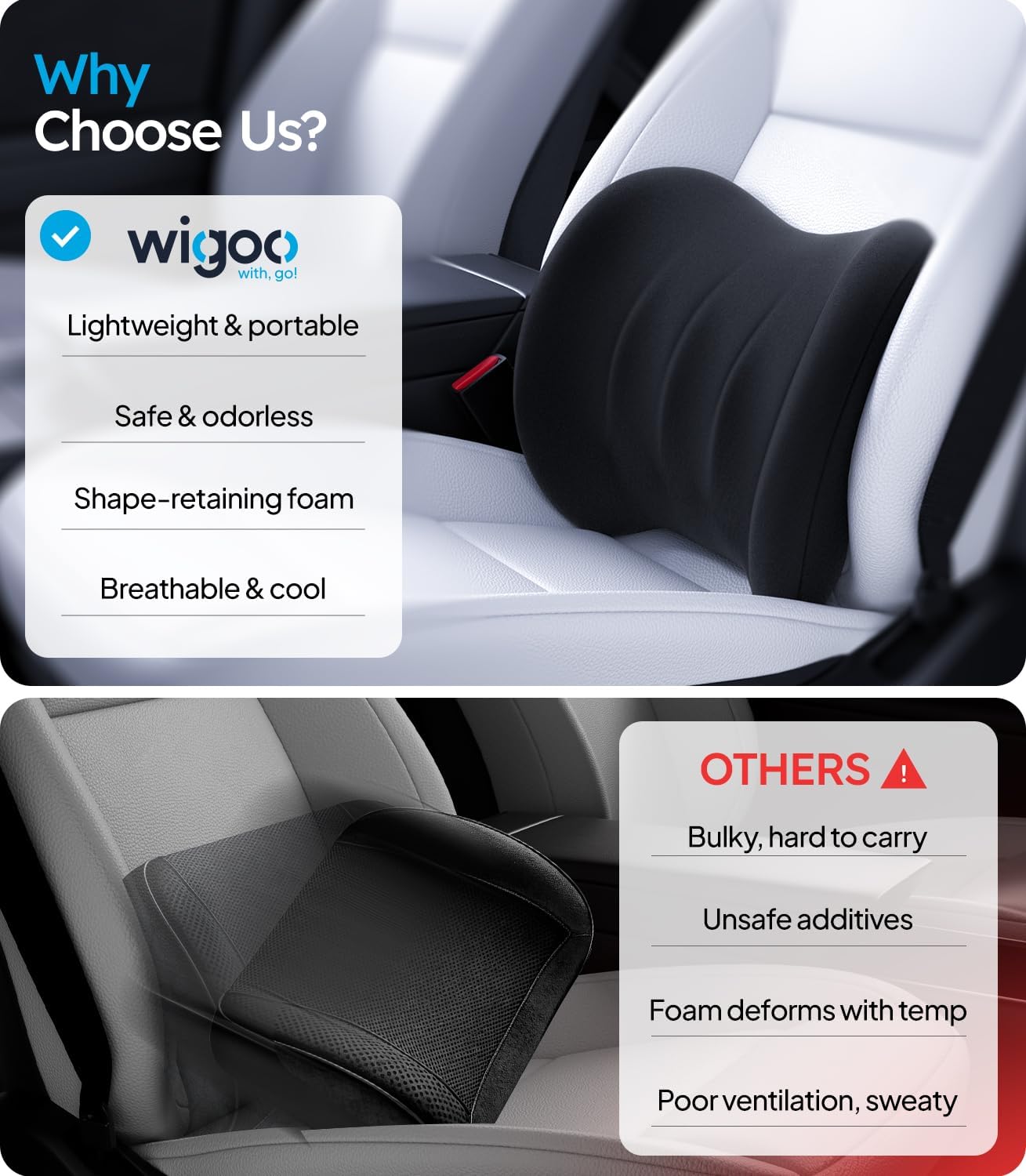 Wigoo 2026 Car Neck Pillow and Lumbar Support Pillow for Car Set [Ergonomic Design, Pressure Relief] Soft Car Headrest Pillow Back Cushion with Adjustable Strap, Fits All Vehicles (Black)