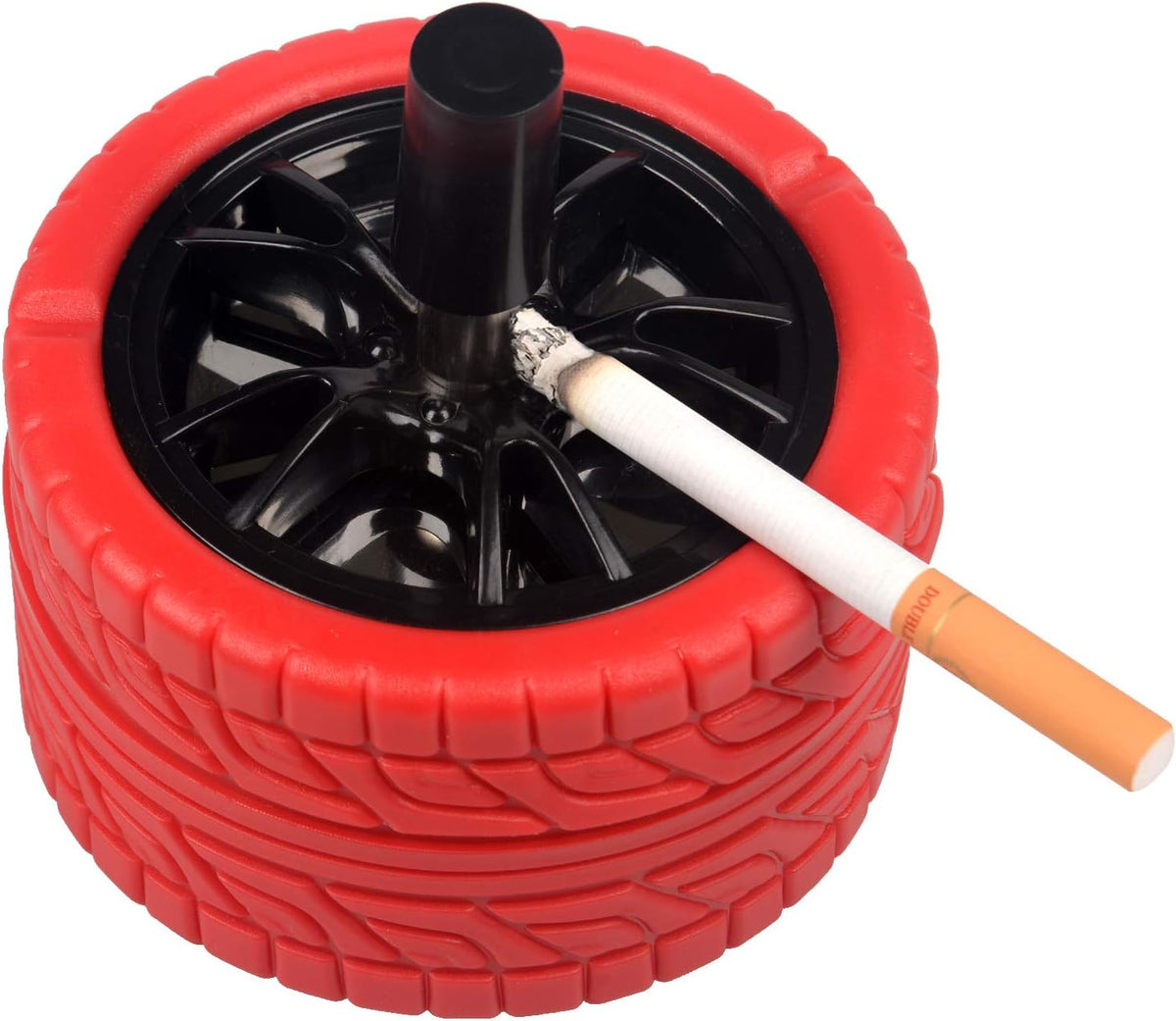 ONE250 Round Car Tire Shape Push Down Stainless Steel Modern Tabletop Cigarette Ashtray with Spinning Tray, Cigarette Ashtray for Indoor or Outdoor Use (Red, Black Wheel Rim)